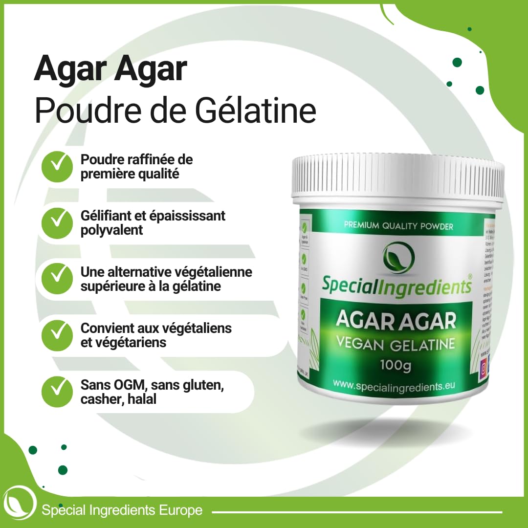 Special Ingredients Agar Agar, Poudre de Gélatine, Gélifiant et Épaississant Alimentaire d'Origine Végétale, Naturel, Qualité Supérieure, Vegan - 250 gramme