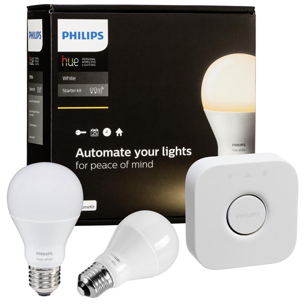 Philips Hue Kit 2 Bombillas Inteligentes LED E27 y Puente, 9.55 W, Luz Blanca Cálida, Compatible con Alexa y Google Home