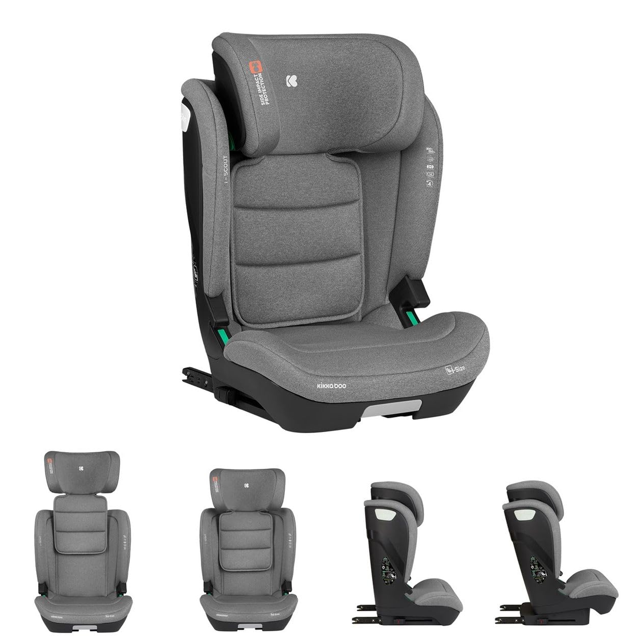 Kikkaboo fotelik dziecięcy i-Scout i-Size (100-150 cm) regulowany zagłówek, ISOFIX, kolory: jasnoszary