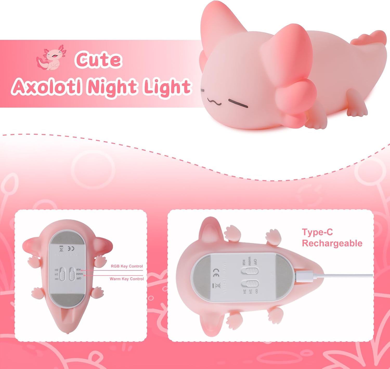 ZKLiLi Night Light for Kids Lamp, 16 Colors Lamp Cute, Dimmable Baby Night Lights for Nursery,Silicone Rechargeable Nightlight for Kids Room, Kawaii Room Decor (Axolotl)