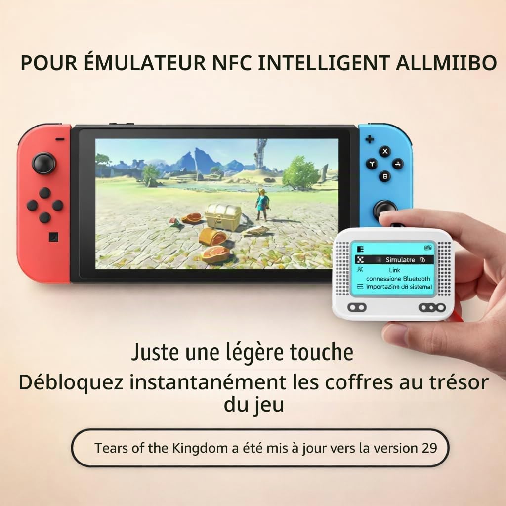 Allmiibo Émulateur NFC intelligent pour Nintendo Switch et 3DS avec écran OLED de 1,2", stockage NFC 3000, support de jeu 50+, rechargeable