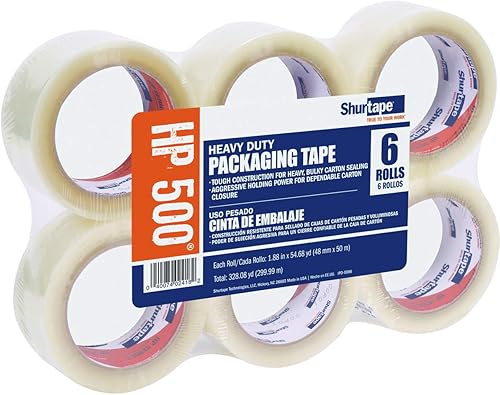 Shurtape HP500 - Rollo de cinta de embalaje termofusible de grado resistente, 1.88 pulgadas por 54.6 yardas, paquete de 6, transparente