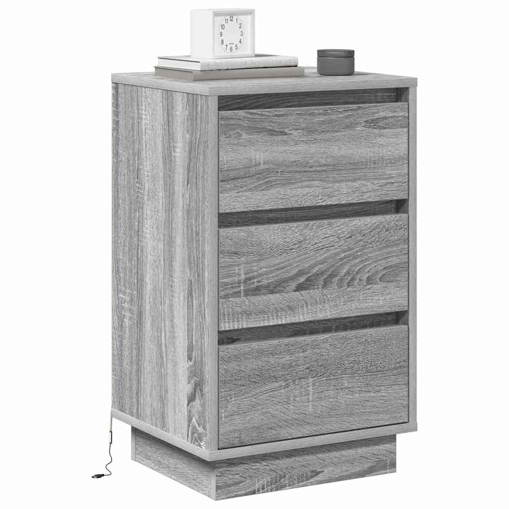 Moderner Nachttisch Grau aus Holzwerkstoff 39 x 34,5 x 65 cm mit 3 Schubladen, LED-Lichterketten, USB-Anschluss, Stauraum für Schlafzimmer, Nachtkonsole und Beistelltisch