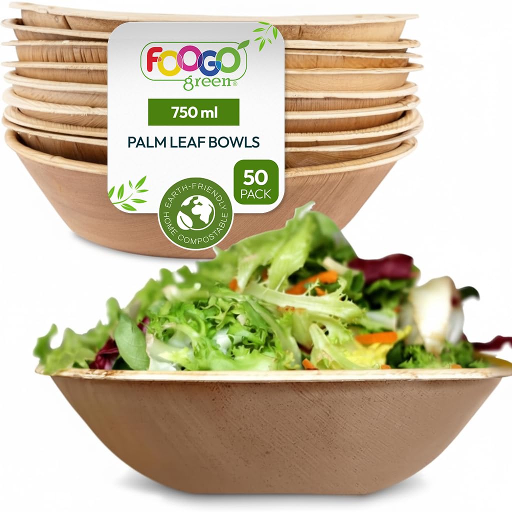 FOOGO Green 50pcs Disposable Palm Leaf Serving Bowls, 8"(20cm), 26.5oz (750ml), Deep Round, Biodegradable Compostable, for Salad, Wedding Party, Like Wooden, Bamboo and Paper Bowls โ image 1