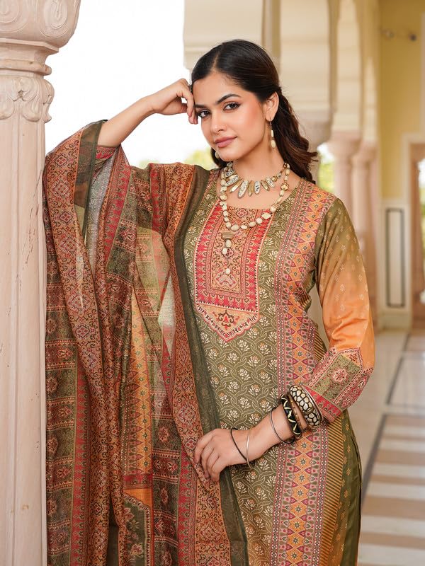 Image of Vaamsi Women's Olive Rayon Printed Straight Kurta Pants With Dupatta Set | Festive Straight Kurta Set For Women | Printed Salwar Suit For Women