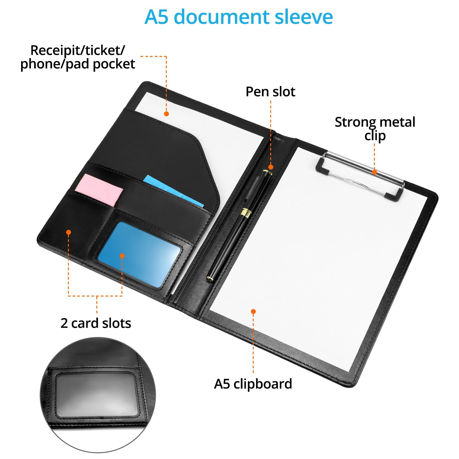 QWORK Portablocco A5 con Copertina, Cartella Porta Documenti Nero