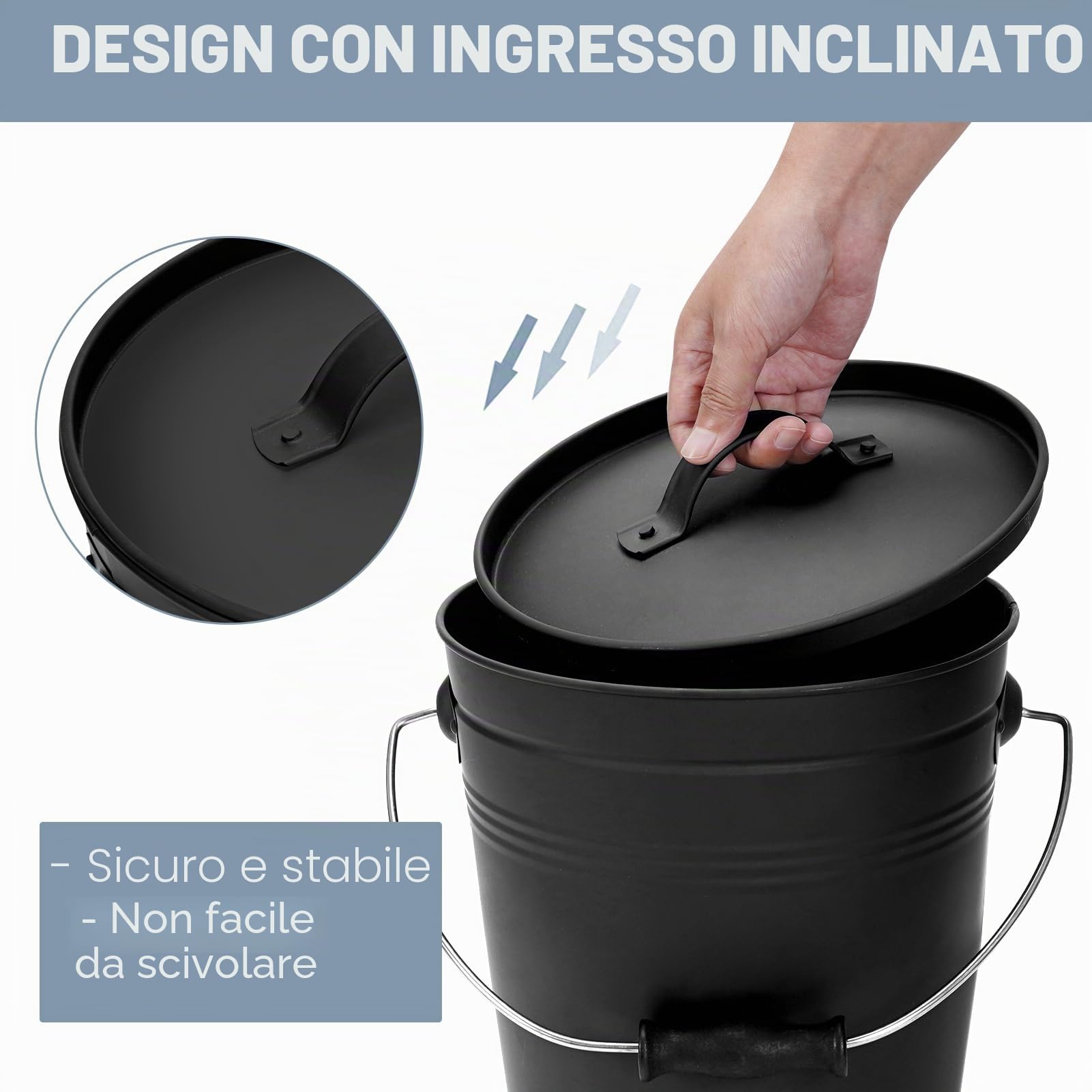 INNO STAGE Secchio per cenere con coperchio e manico in legno Pala per carbone, secchio porta cenere per caminetto, braciere, stufa a legna nera