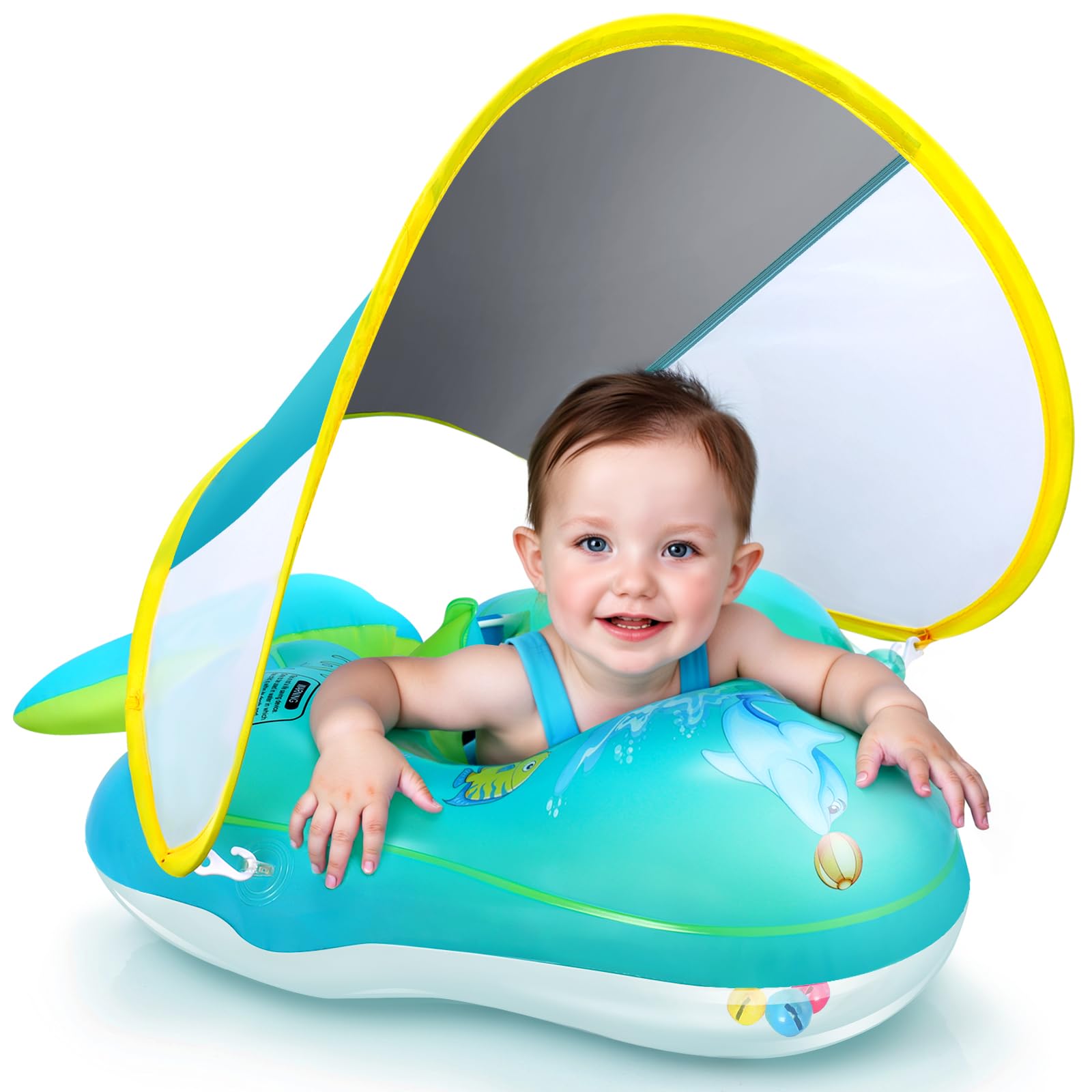 No Flip Over Baby Pool Float with Canopy UPF50+ Sun Protection, Inflatable Baby Float with Sponge Safety Support Bottom, Fun Gifts Water Toys Accessories Baby Swim Floats for Pool 3-36 Months