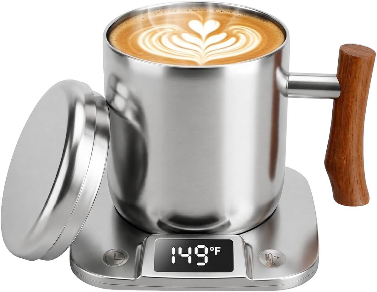 Taza de café eléctrica inteligente con control de temperatura, 5 configuraciones y pantalla, apagado automático, juego de calentador de calentamiento rápido con taza de café de acero inoxidable (14 oz-plata)