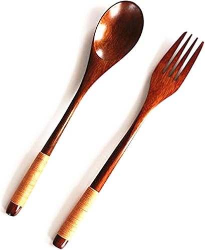 Miniatura 3 de XMHF Juego de vajilla japonesa de madera de 9 pulgadas, cubertería de madera natural, 3 cucharas y 3 tenedores (línea de amarre marrón)
