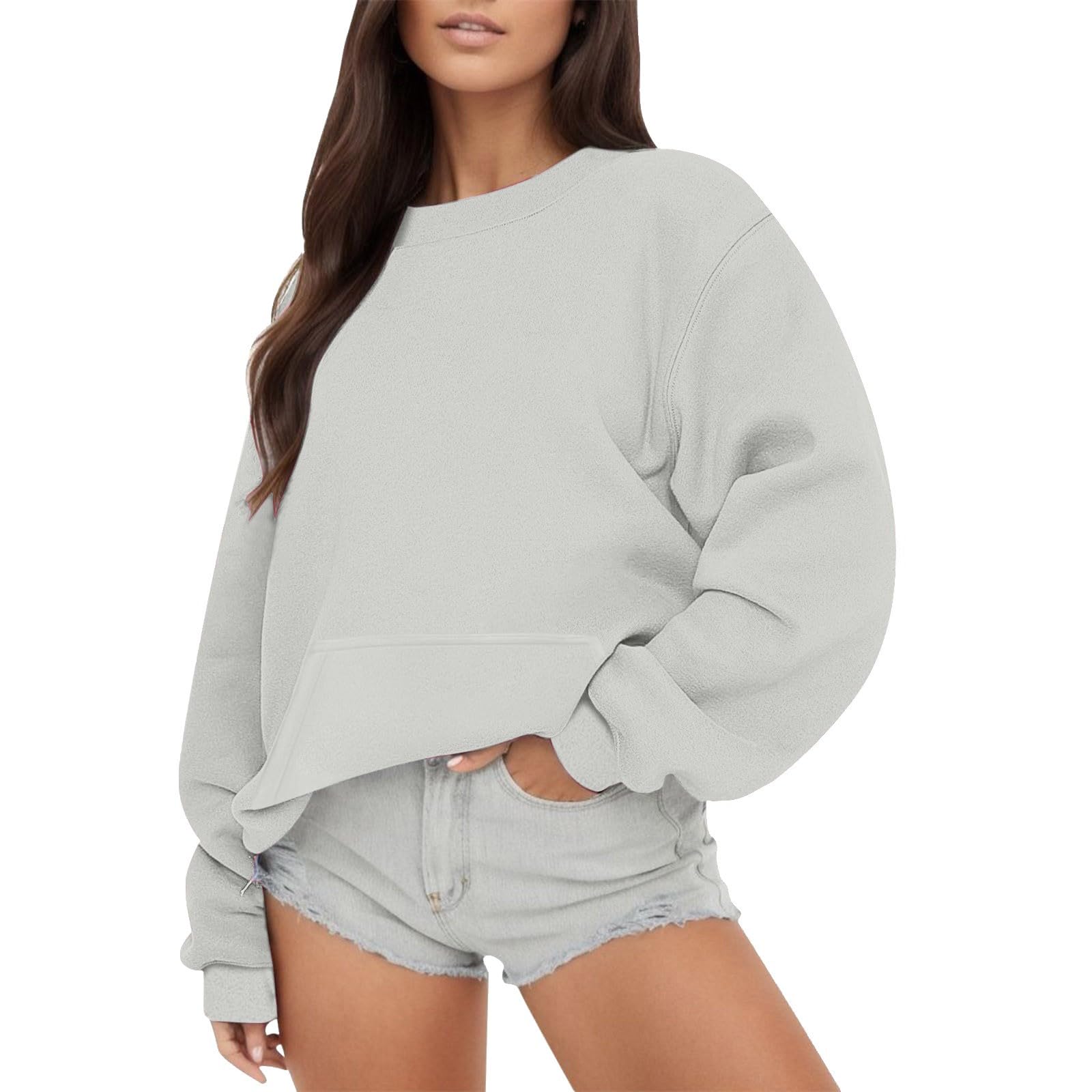 OCCOKOWomen's Solid Color Round Neck Reflective Sweatshirt Loose Long Sleeve Lightweight Blouse