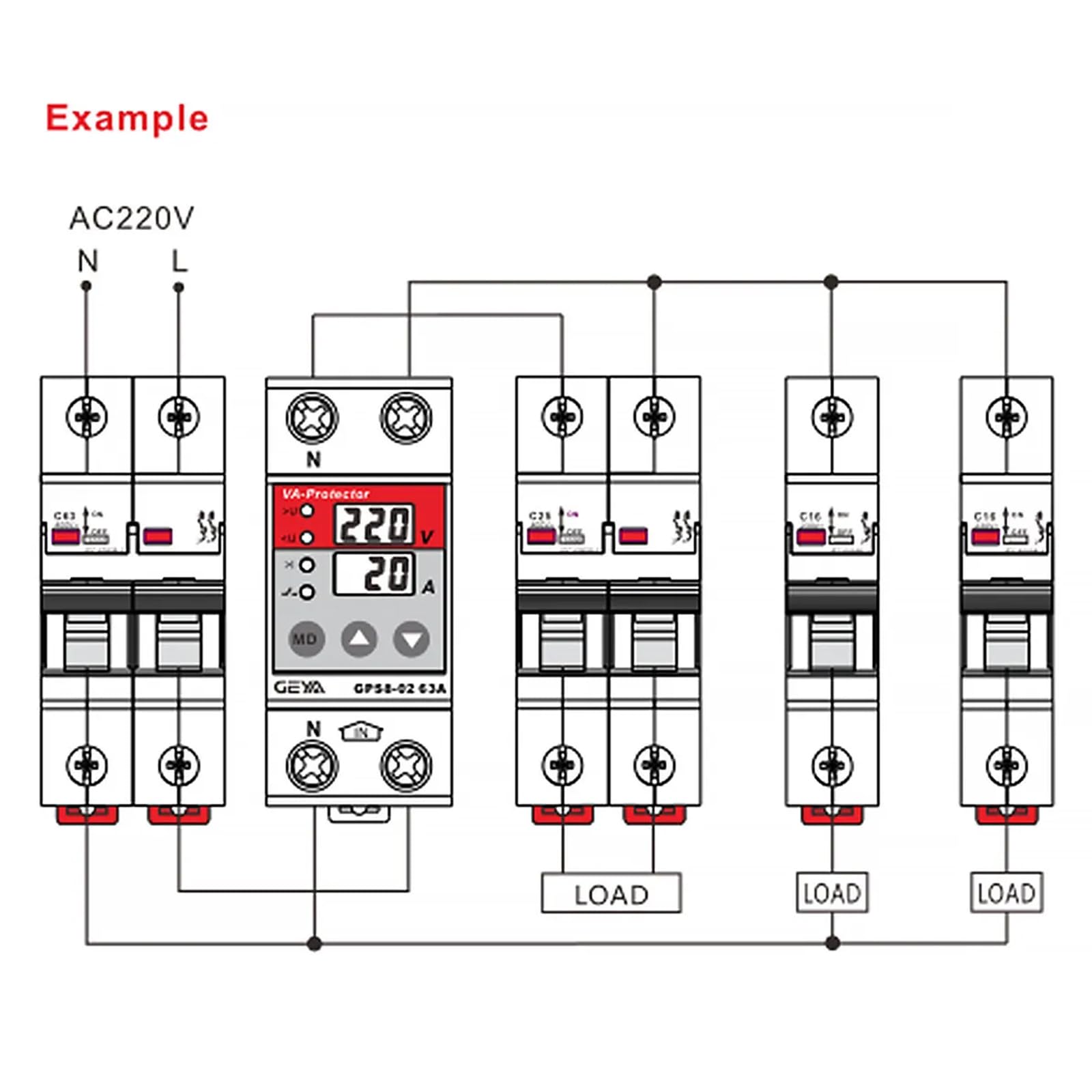 GEYA Dispositivo de protección de corriente/voltaje de control Wifi con función de medición Pantalla LCD AC220V (63A)