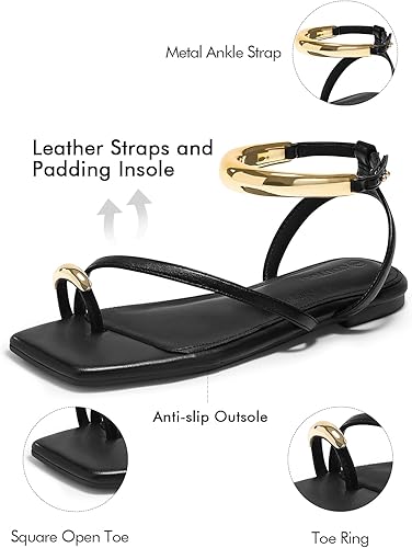 Vista 7 de Coutgo Sandalias planas con tiras para mujer, sandalias con anillo de punta abierta, correa de tobillo de metal, zapatos de playa de verano