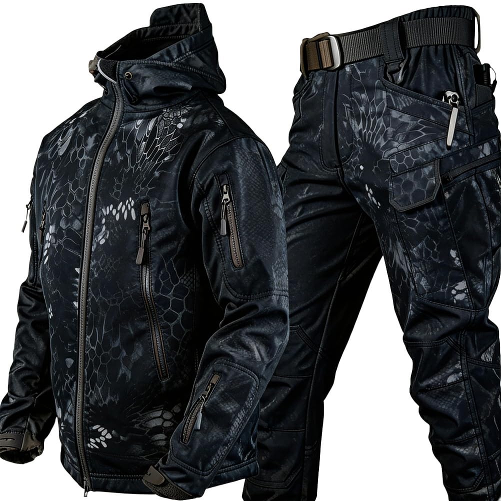 Onsoyours Hommes Softshell Veste Tactique à Capuche & Pantalons Costumes Airsoft BDU Paintball Tenue de Camouflage