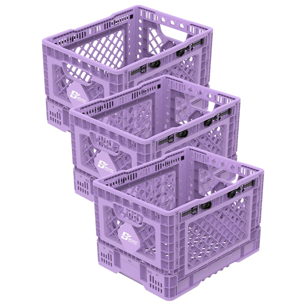 Bigant Heavy Duty Collapsible & Stackable Plastic Milk Crate - Snap Lock Foldable Industrial Garage Storage Bin Container Utility Tote Basket (Purple - 3PK, 3 Small Crates)