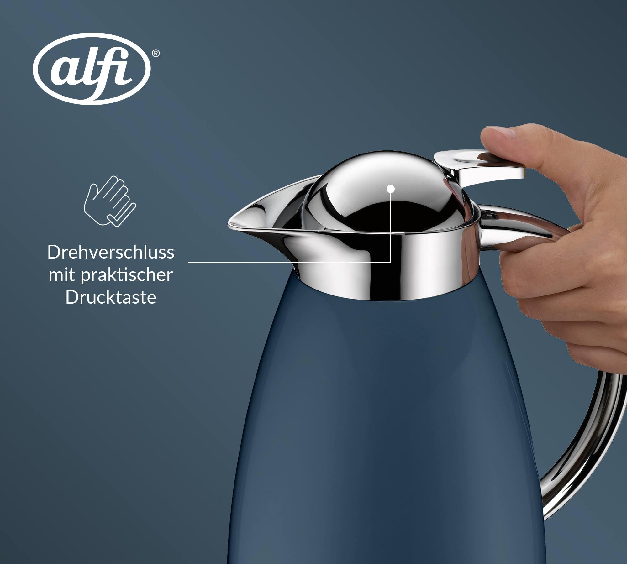 alfi SIGNO Isolierkanne 1,00 l, 12 h heiß, Edelstahlkörper, river blue | 24h kalt, Kaffee & Teekanne, Einhandbedienung, Hartglaseinsatz, Drehverschluss mit Drucktaste, blau glänzend