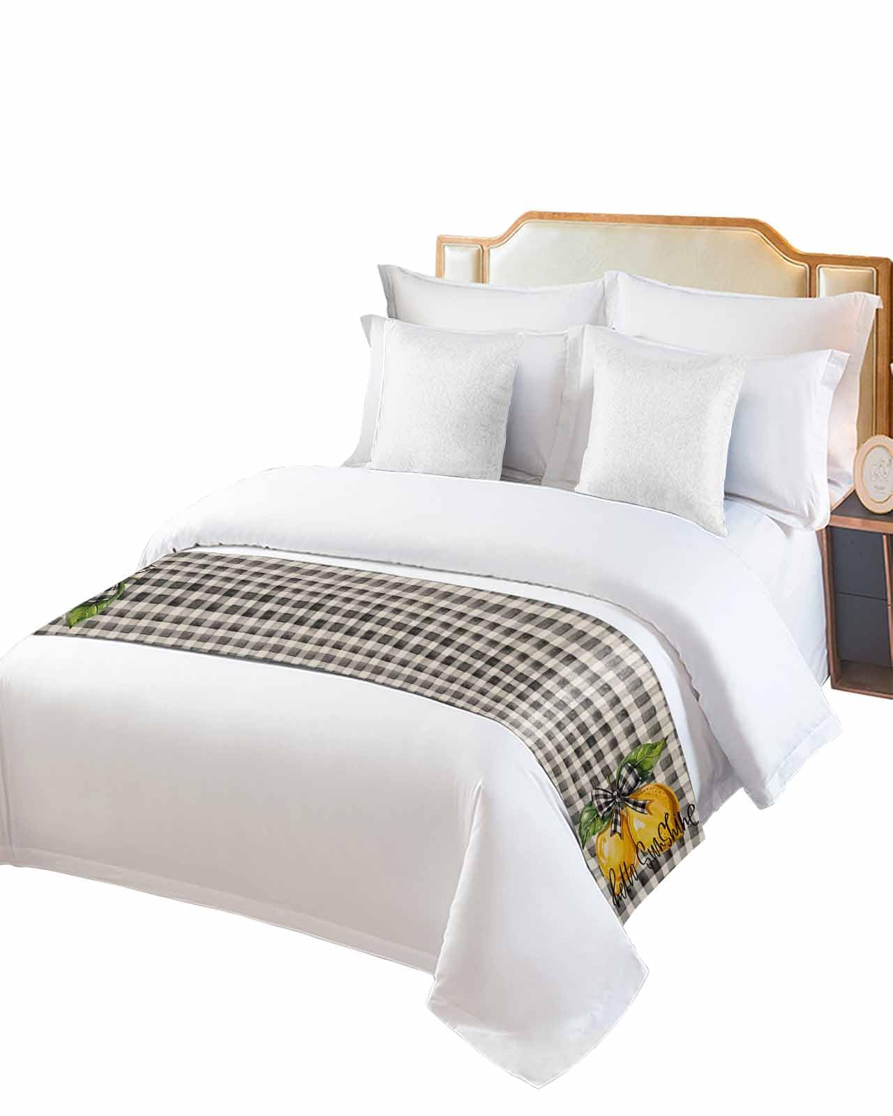Full Bed Runner Watercolor Summer Lemon Leaves Bedding Runner Scarves Decorative Bed Scarf, Black White Checkered Soft Bed Runners for Bedroom Hotel Wedding 83x20IN