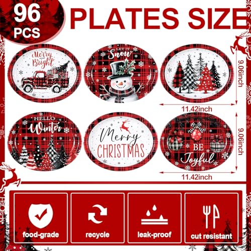 Image of Fourluoo 96 Pcs Christmas Paper Plates Disposable 9 Inch Red and Black Buffalo Plaid Dessert Cake Dinner Plates Bulk for Xmas Holiday Party Favor Supplies