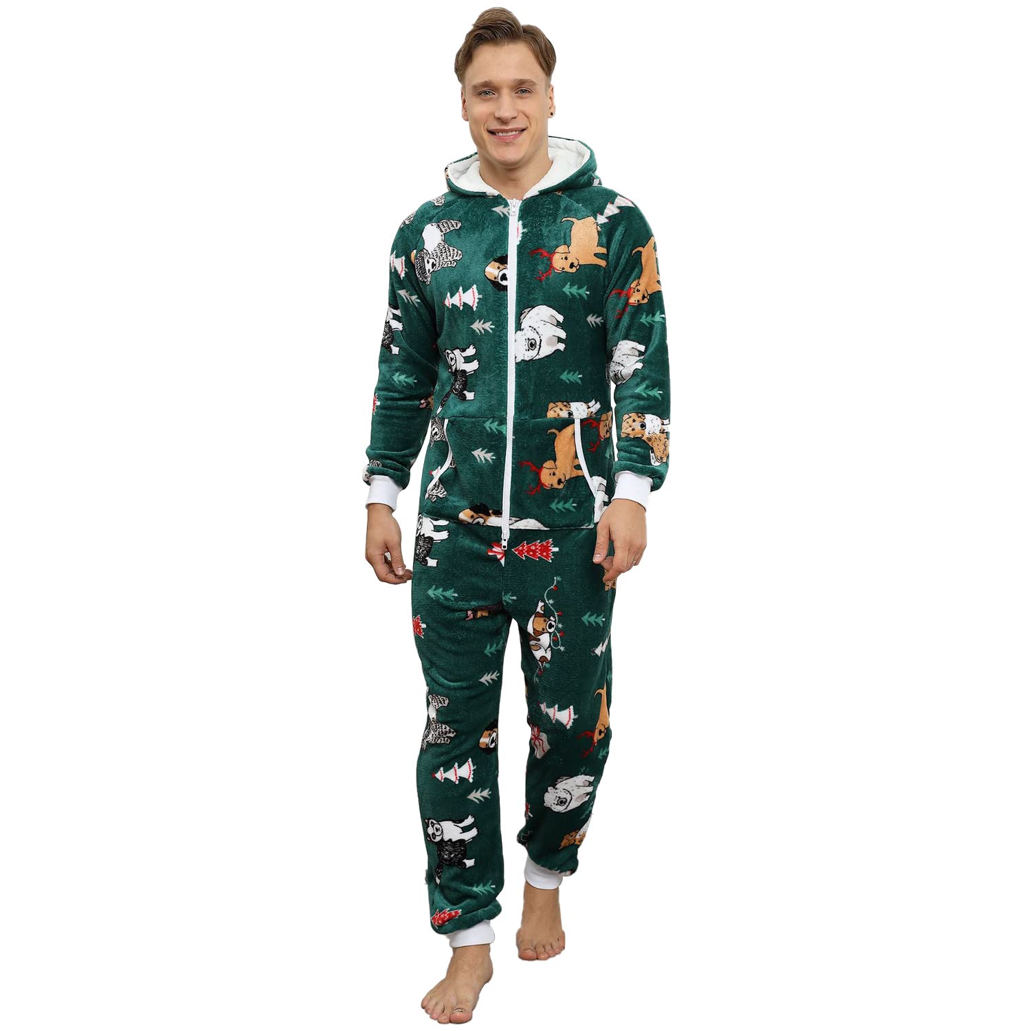 Pijama Navidad Una Pieza Hombre Franela Pijamas Mono Entero con Capucha Manga Larga Invierno Calentito Jumpsuit Adulto Onesie Ropa de Casa Dormir Verde XL