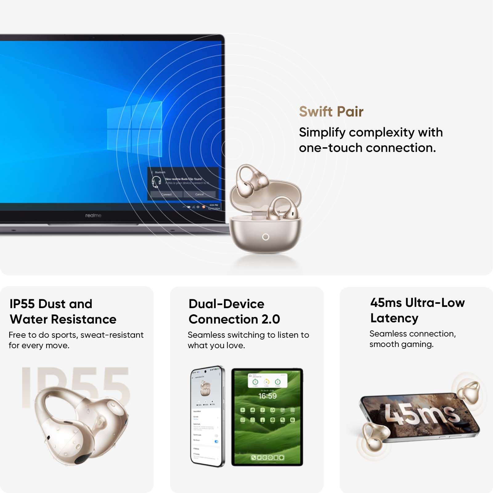 realme Buds Clip Auricolari Bluetooth, Cuffie Wireless Clip-on Aperte, Batteria 43h, Resistenza IPX55, 45ms Bassa Latenza, Audio Spaziale 3D, Traduttore IA, Algoritmo NextBass, Oro