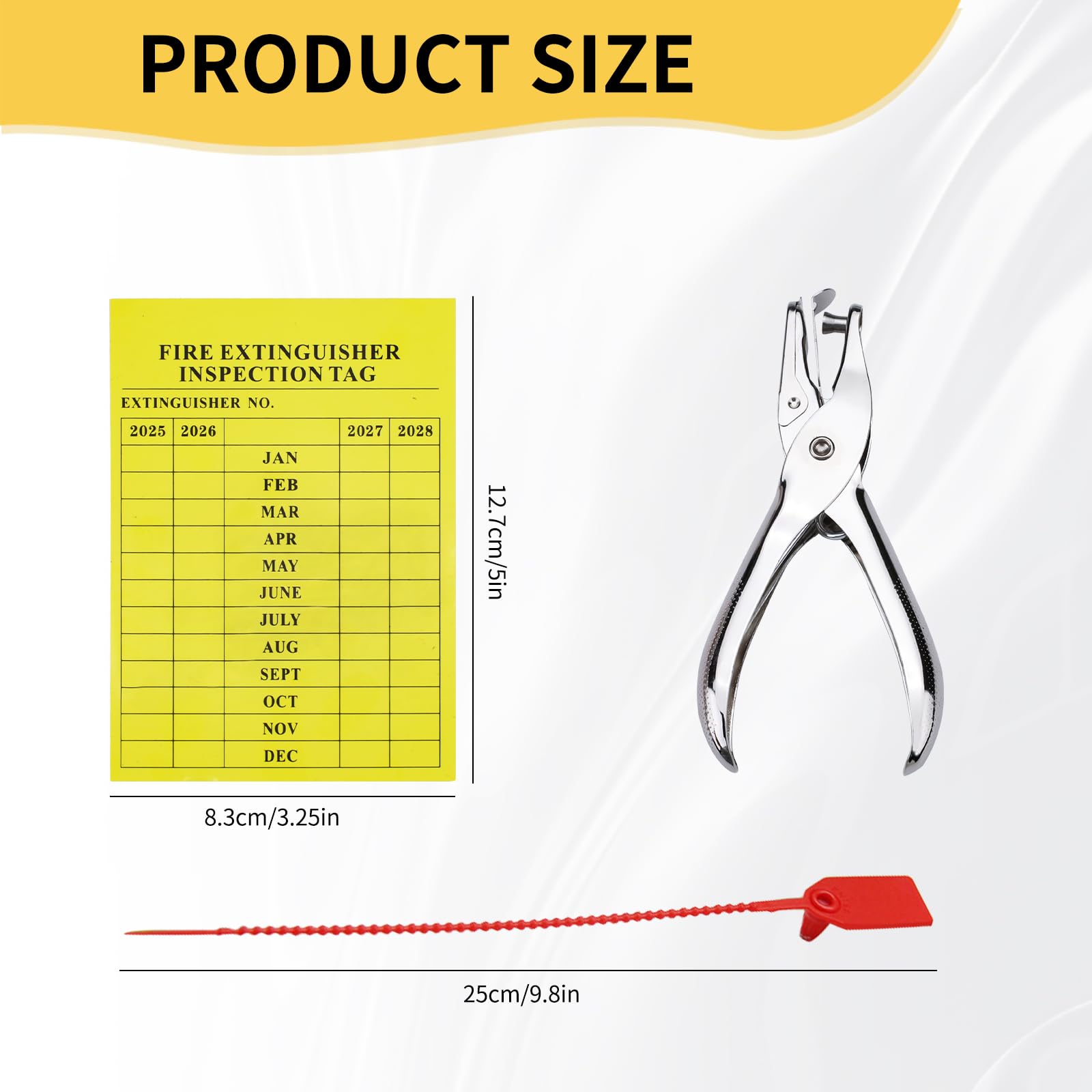 50PCS Fire Extinguisher Inspection Tags, Contains 6mm Puncher and Plastic Tamper Seals, Fire Extinguisher Inspection Tags from 2025 to 2029 (Yellow)