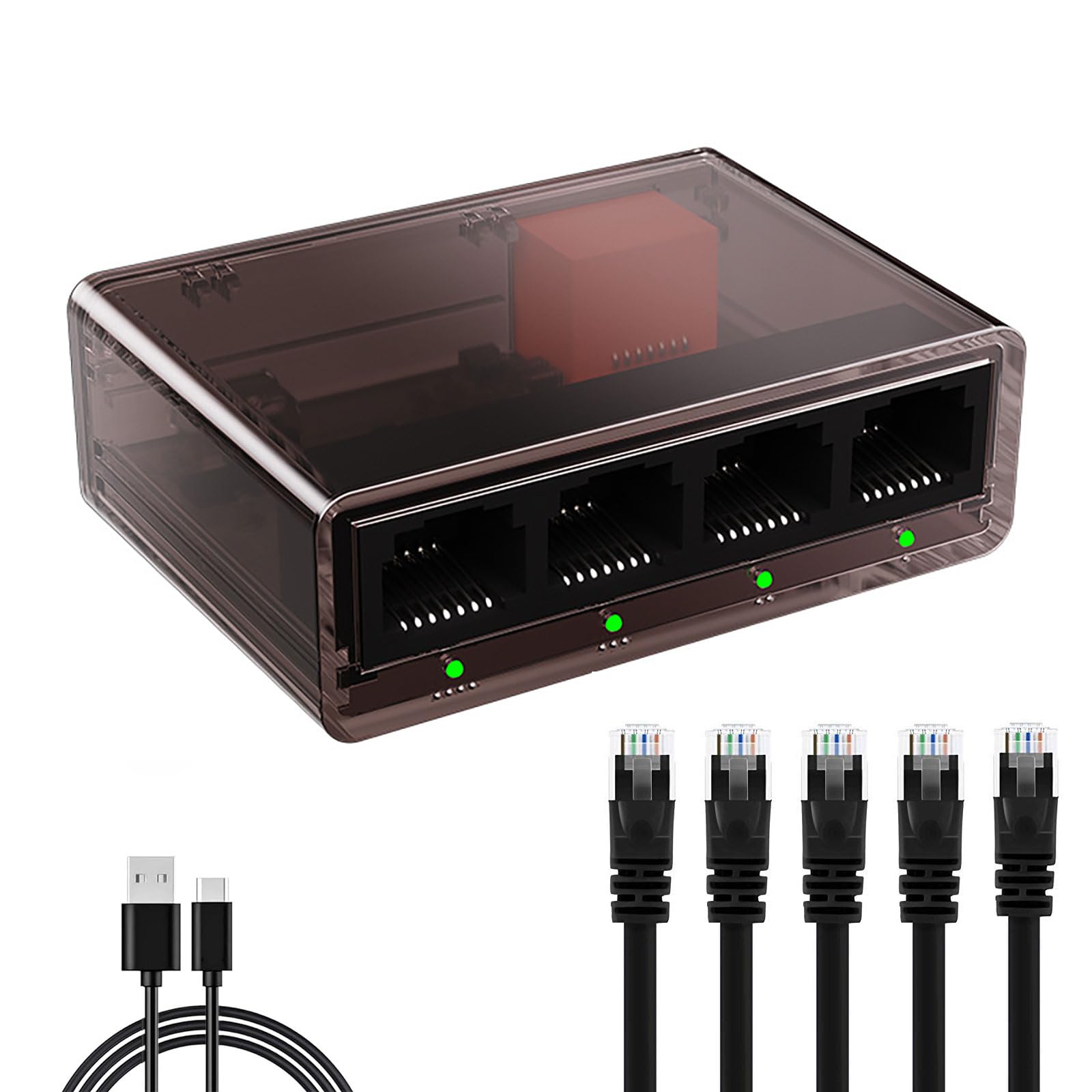 Ethernet-Splitter, 1 auf 4, Gigabit-Ethernet-Switch, 4 Ports, mit 5 LAN-Kabeln, Cat 6, RJ45, 1000 Mbps, Hochgeschwindigkeits-Internet-Kabel-Splitter, für Cat 5/5e/6/7/8 Kabel