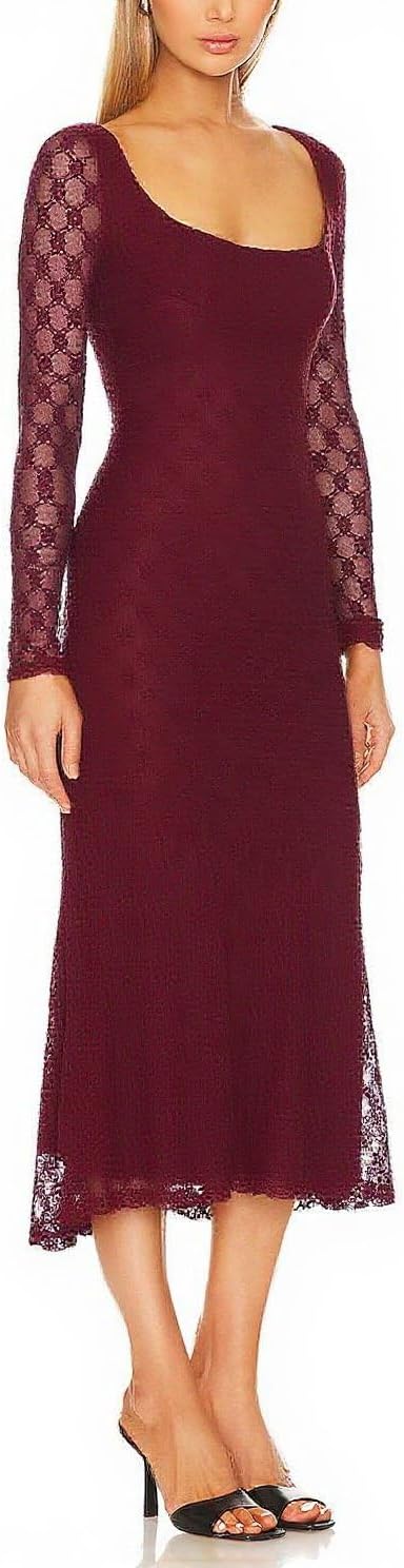Capuffy Women's Sheer Mesh Long Sleeves Maxi Dress Floral Lace Bodycon Dress Square Neck Mermaid Wedding Guests Dresses 457 - Image 2