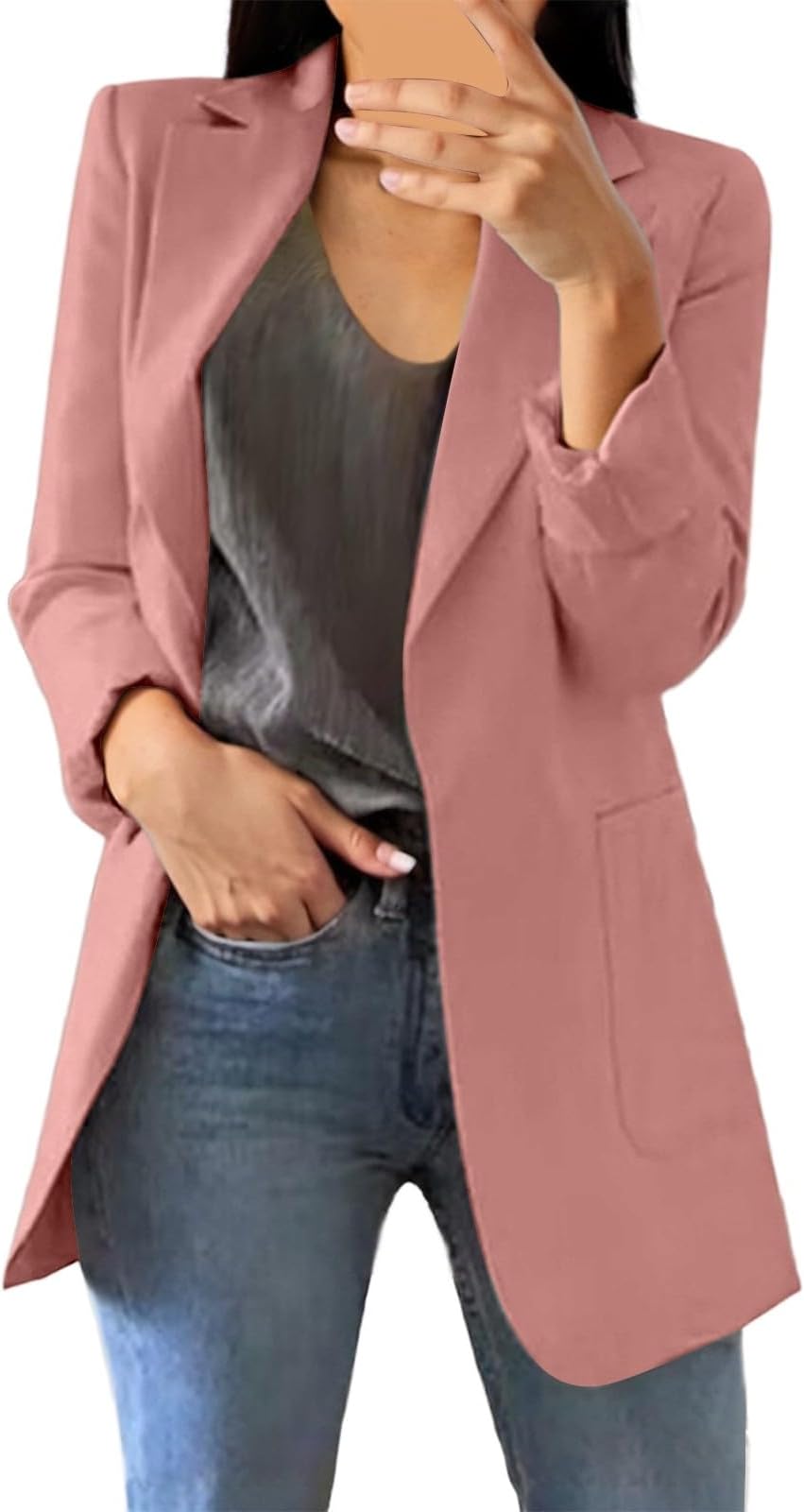 Blazer Women's Long Sleeve Plain Jacket Lapel Button Open Front Blazer Lightweight Business Turn-Down Collar Jacket Slim Fit Work Office Blazers Elegant Vintage Long Blazer with Pockets