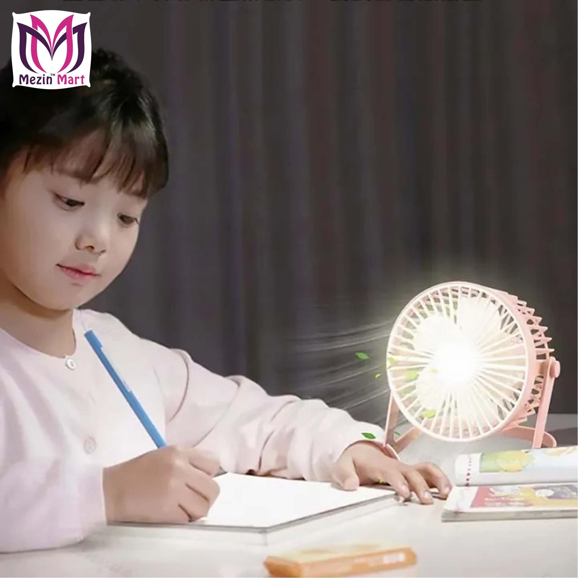 Mezin Mini Portable Fan with LED Light - Rechargeable & USB -3