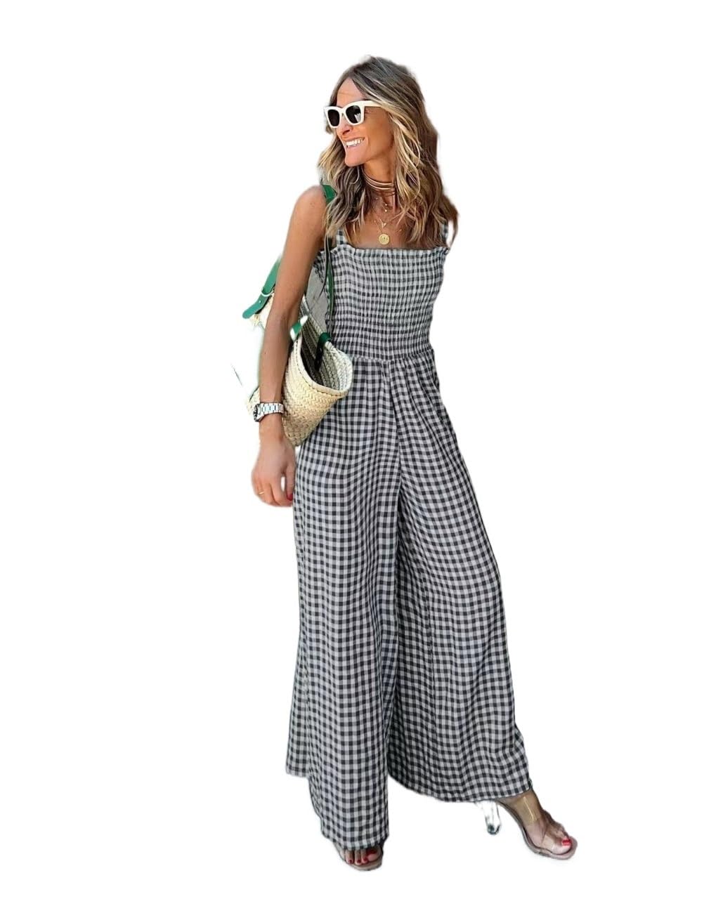 Tuta Da Donna Con Stampa Scozzese Alla Moda Jumpsuits Senza Maniche Con Bretelle Sexy Playsuits Pantaloni Lunghi A Gamba Larga A Vita Media