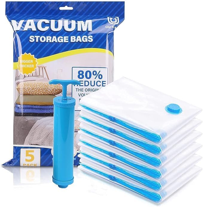 Cozify Vacuum Compression Storage Bags with Hand Pump, Reusable Vacuum Storage Ziplock Compression Sealer Bags for Travel clothes & home (Standard Pack of 5 (2 Small + 2 Medium + 1 Large)