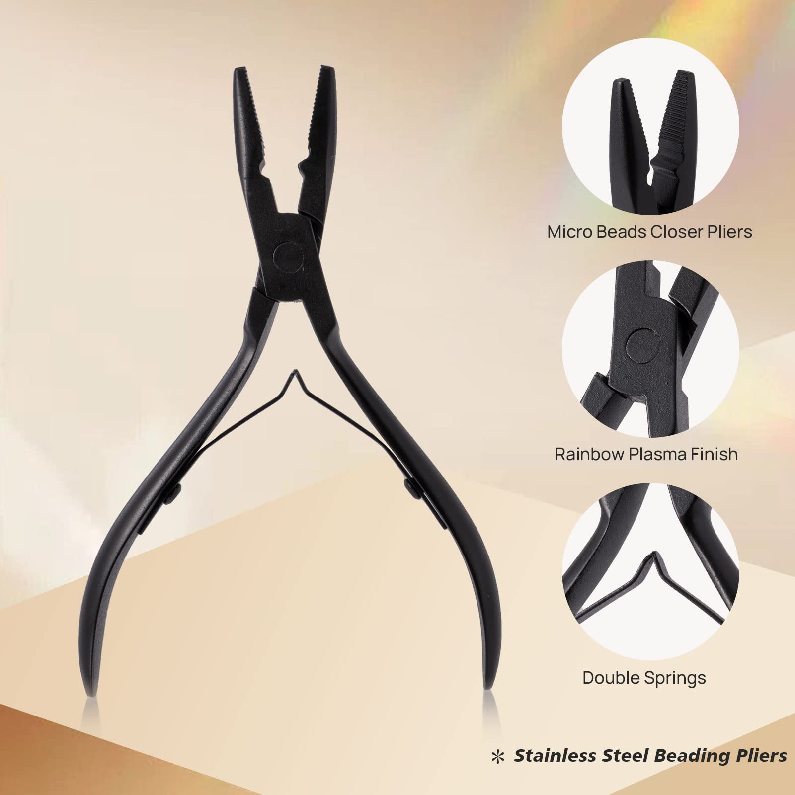 NEWISHTOOL Kit de herramientas de extensión de pelo, microcuentas de silicona, alicates de cuentas de acero inoxidable, enhebrador de cuentas de metal y gancho de aguja para extensiones de cabello