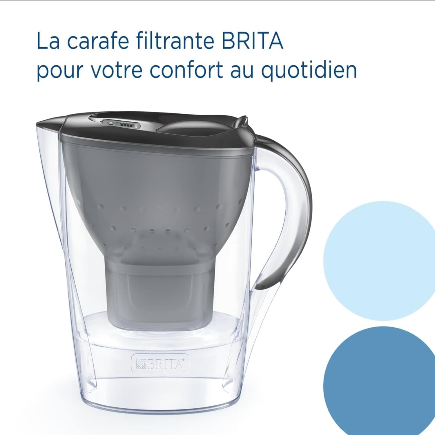 BRITA Carafe Filtrante Marella Graphite (2,4l) incl 3 cartouches filtrantes eau robinet MAXTRA PRO All-in-1 réduit PFAS,calcaire, chlore, certaines impuretés et métaux indicateur temporel