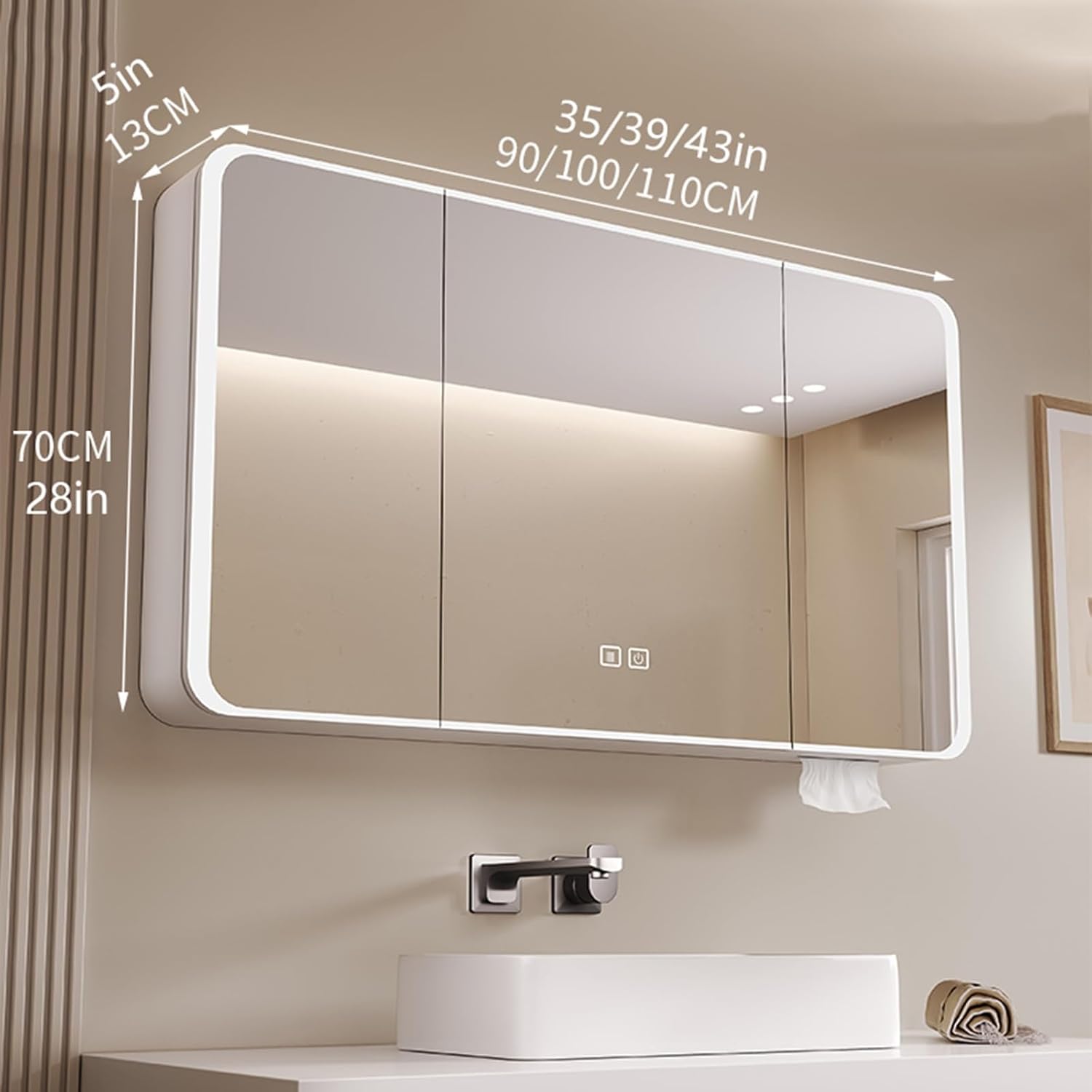 Bathroom Mirror，Lighted Medicine Cabinet with Mirror，Anti-Fog,Bathroom Wall Cabinet with LED Lights，Brightness Adjustable, Wall Mounted Makeup Mirror，Grey，White(White,W90cm*H70cm)