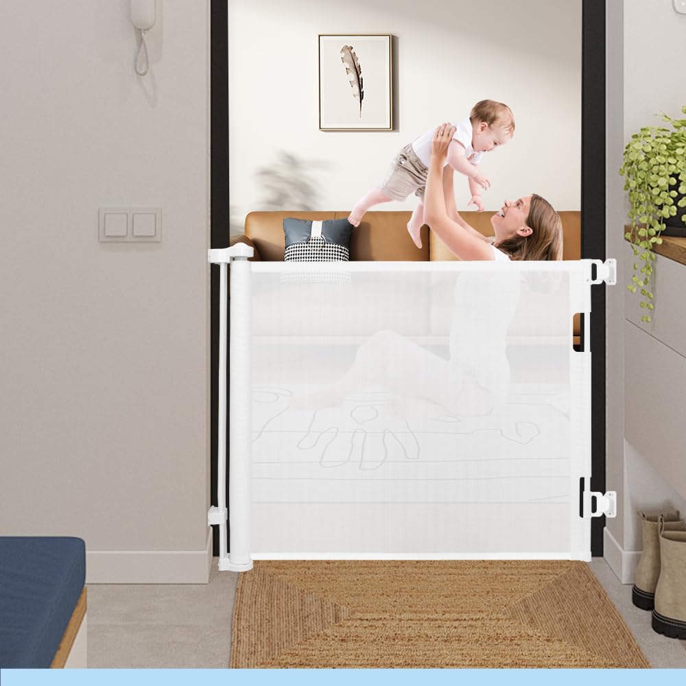 BabySafeHouse Safety Gate for Toddlers & Pets, Retractable Mesh Child Gate for Stairs, Doorways & Kitchen, Baby Fence Barrier Expandable Up to 150cm Width (White) for Baby Proofing (Drilling Required)