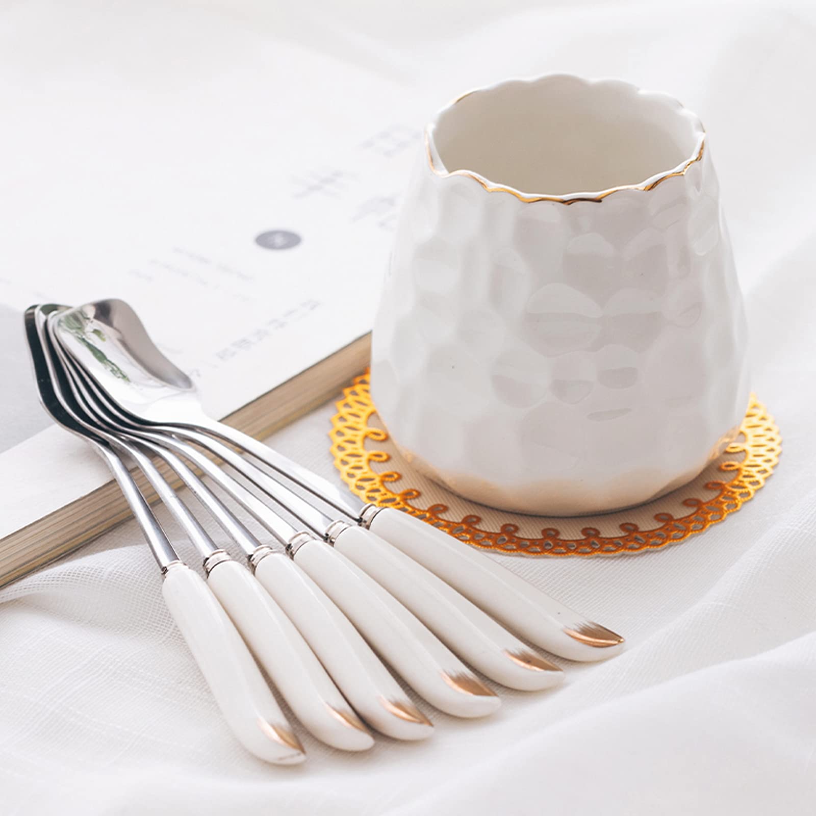 Ceramiche Squisite ， Set Di 6 Cucchiai Forchetta for Torta Con Manico In Ceramica In Acciaio Inossidabile Con Manico In Ceramica Da 6 Pezzi, Con Barattolo In Ceramica, Set Di Posate Da Dessert, for Fe
