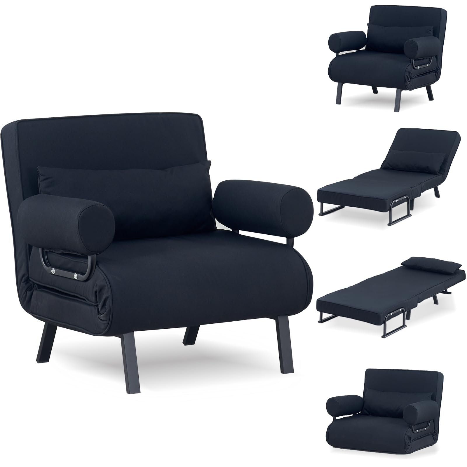 TRIOBLADE Folding Sofa Bed 4-in-1 Convertible Sofa Chair Bed Folding Sleeper Couch with 6-Position Backrest Comfortable Armrests Pillow Chaise Lounge Couch Recliner for Home Office (Black, 80cm)