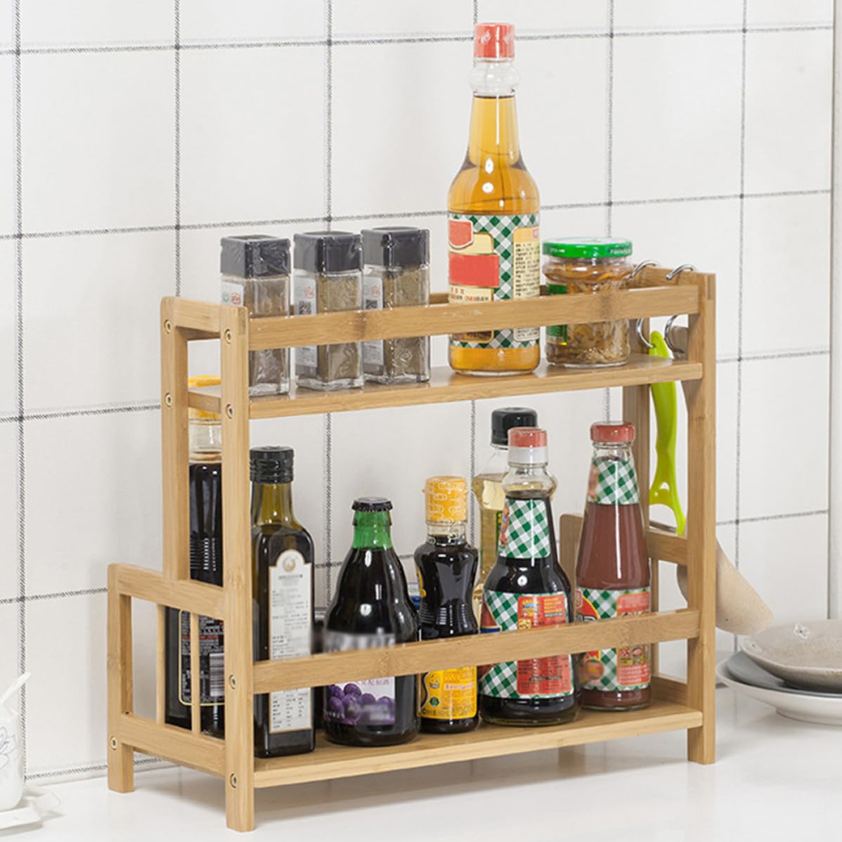 ABOOFAN Organizador de Especias para Guardar Especias Lugar de 2 Niveles de Bambú Soporte Funcional Estante Beige para Almacenar Condimentos para Cocina