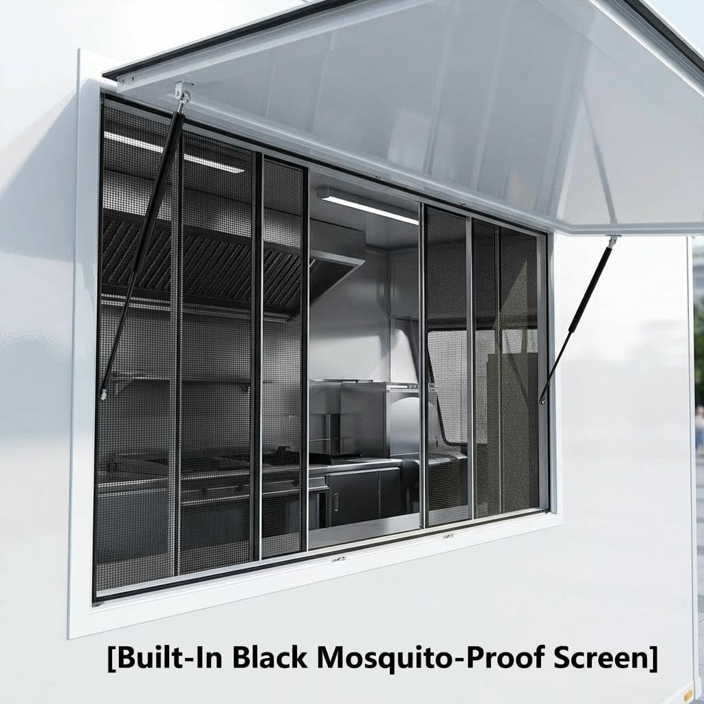 Precise 85 Degree Opening Concession Window, Sliding Windows for Food Festivals, Anti Theft Lock Food Truck Window with Black Mosquito Proof Net and Two Hydraulic Rods and Awning