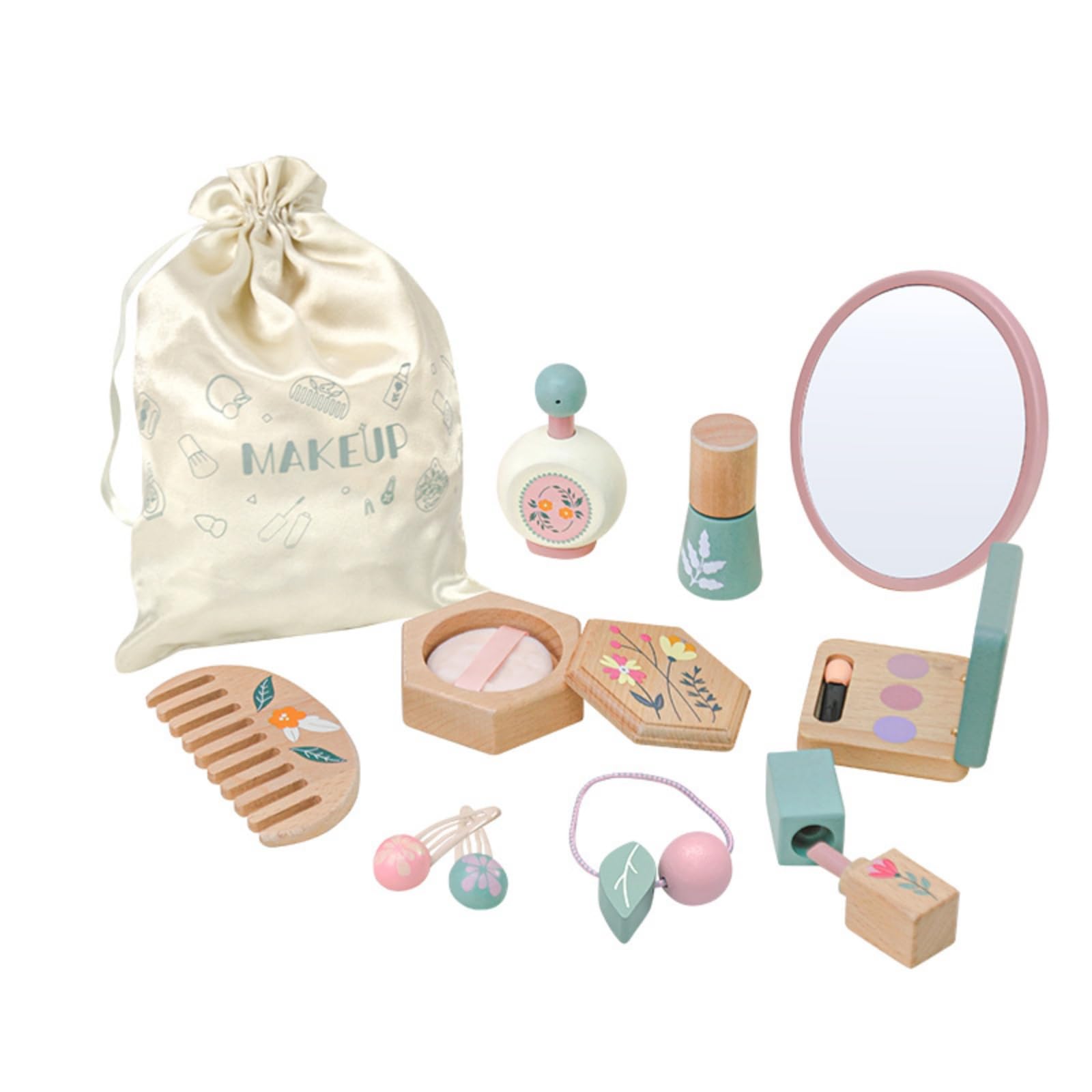 Kit Trucco in Legno per Bambini con Borsa a Coulisse Sicuro Set di Trucchi Finto con Trousse Completo Giocattolo per Apprendimento Precoce,