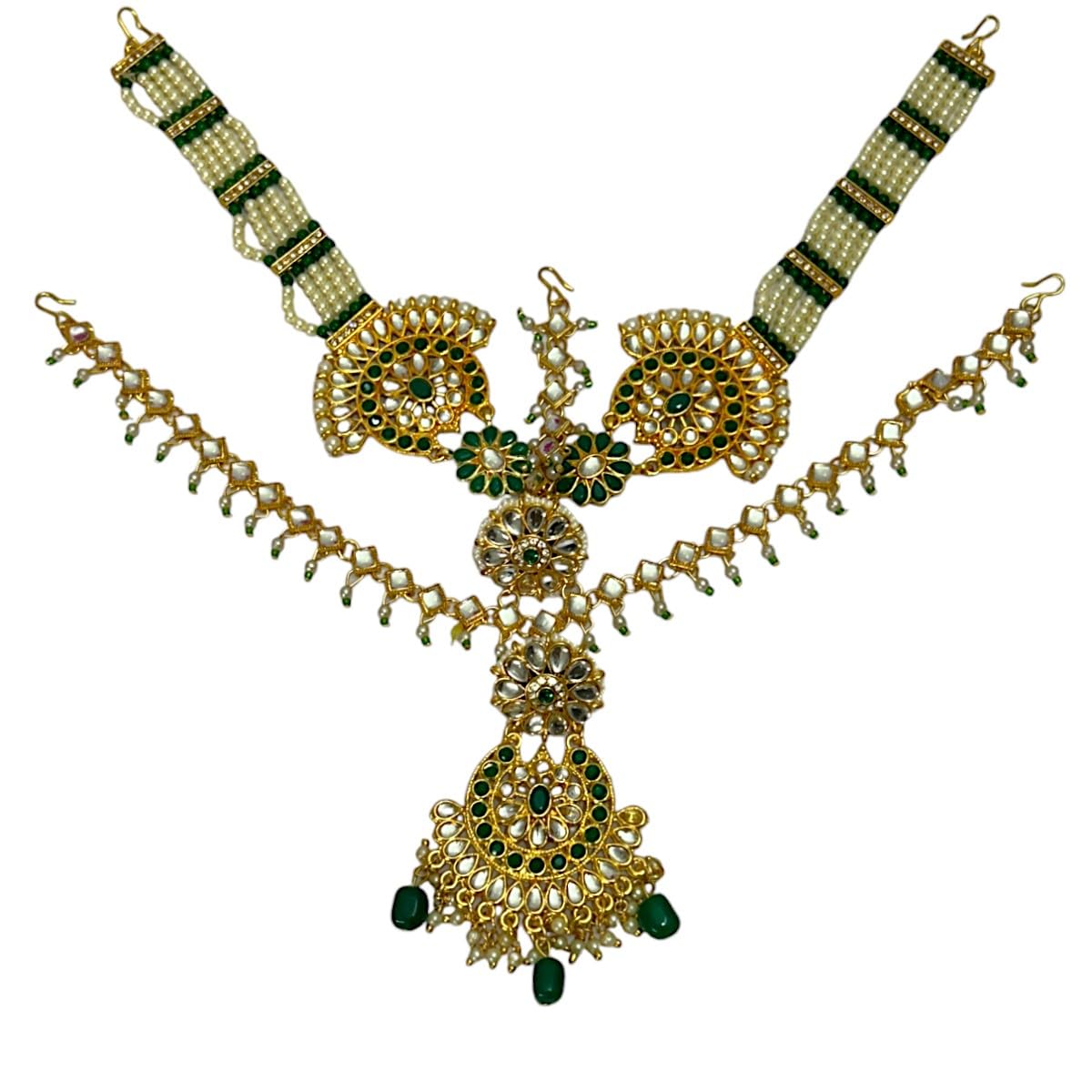 Gold Plated Traditional Kundan and Pearls Statement Bridal Mathapatti/Sheeshphool with a Pair of Comfortable Maangtikka Supporter | For Women & Girls-image-38