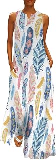 ReSin90s Women Dresses Sale Maxi Dress for Women Summer Loose Elegant Long Dress Sleeveless Split Beach Floral Dresses Maxi Sundress with Pockets Activewear Dresses for Vacation Cocktail Wedding
