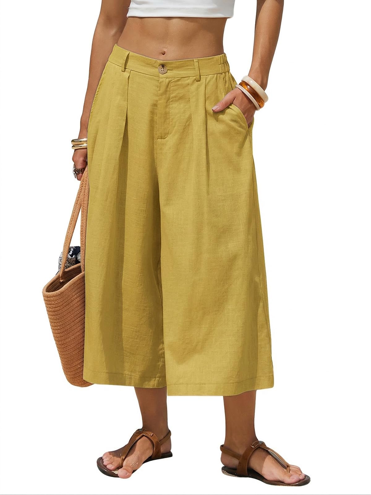 Photo 1 of EXLURA Womens Linen Capri Pants Summer Wide Leg Palazzo Pant Cotton Dressy Casual Cropped Gaucho Pant Culottes with Pockets Yellow