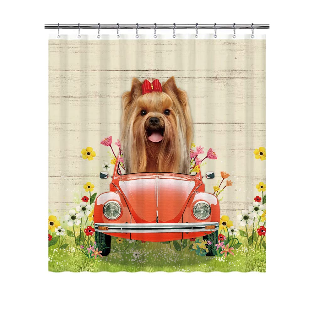 BAGEYOU Dog Lover Shower Curtain Lovely Lovely Yorkshire Terrier Yorkie in the Bettle Car among the Floral Plants Garden Bathroom Decoration Curtains with 12 Hooks Waterproof Polyester Fabric 72"x72"