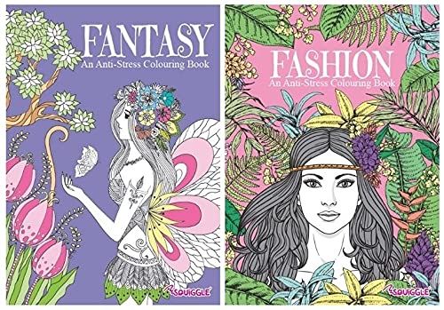 Squiggle Anti-Stress Adult Colouring Books, Fantasy & Fashion - Set of 2