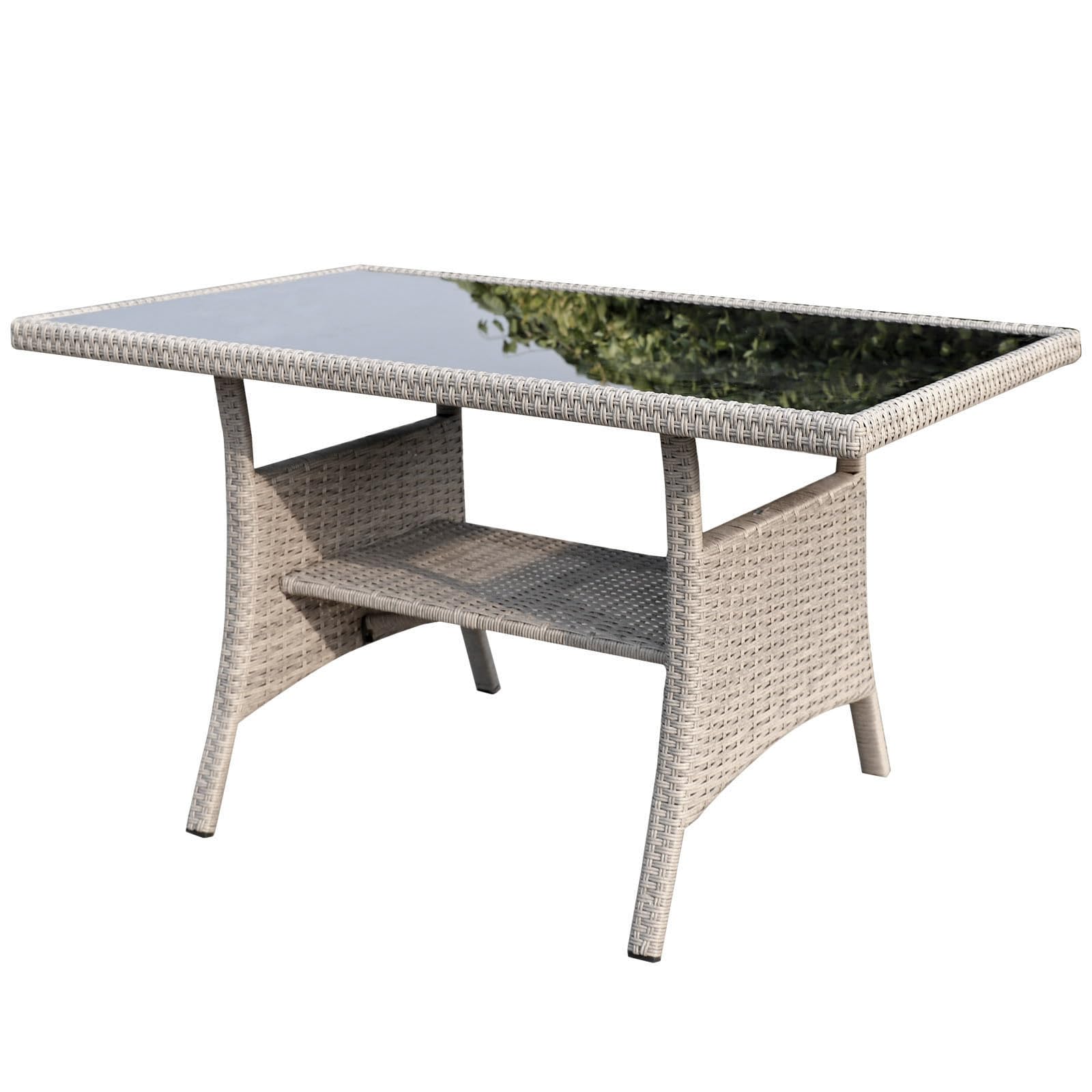 Polyrattan Gartentisch 120x70x68cm mit Ablage Glas Tischplatte Wetterfest Garten Terrasse Balkon Tisch Esstisch Gartenmöbel (Beige)