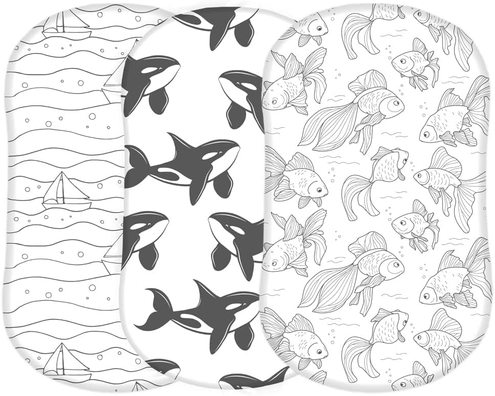 Image of TansyPanda Halo Bassinet Sheets for BassiNest Luxe Swivel, Soothing, Swivel, Lite, Essential Sleeper, 3 Pack, 33 X 17 Inch, Ultra Soft, Snug Fit, Unisex Boys Girls, Gray White (Ocean Fish)