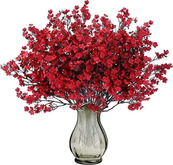 Image of CURATED CART Artificial Flowers Bunch, Baby's Breath Gypsohila Flowers, 2 Bunch for Vase Pot, Home Decoration, Living Room, Wedding, Fake Flowers, Color, (Vase Not Included) (Red)