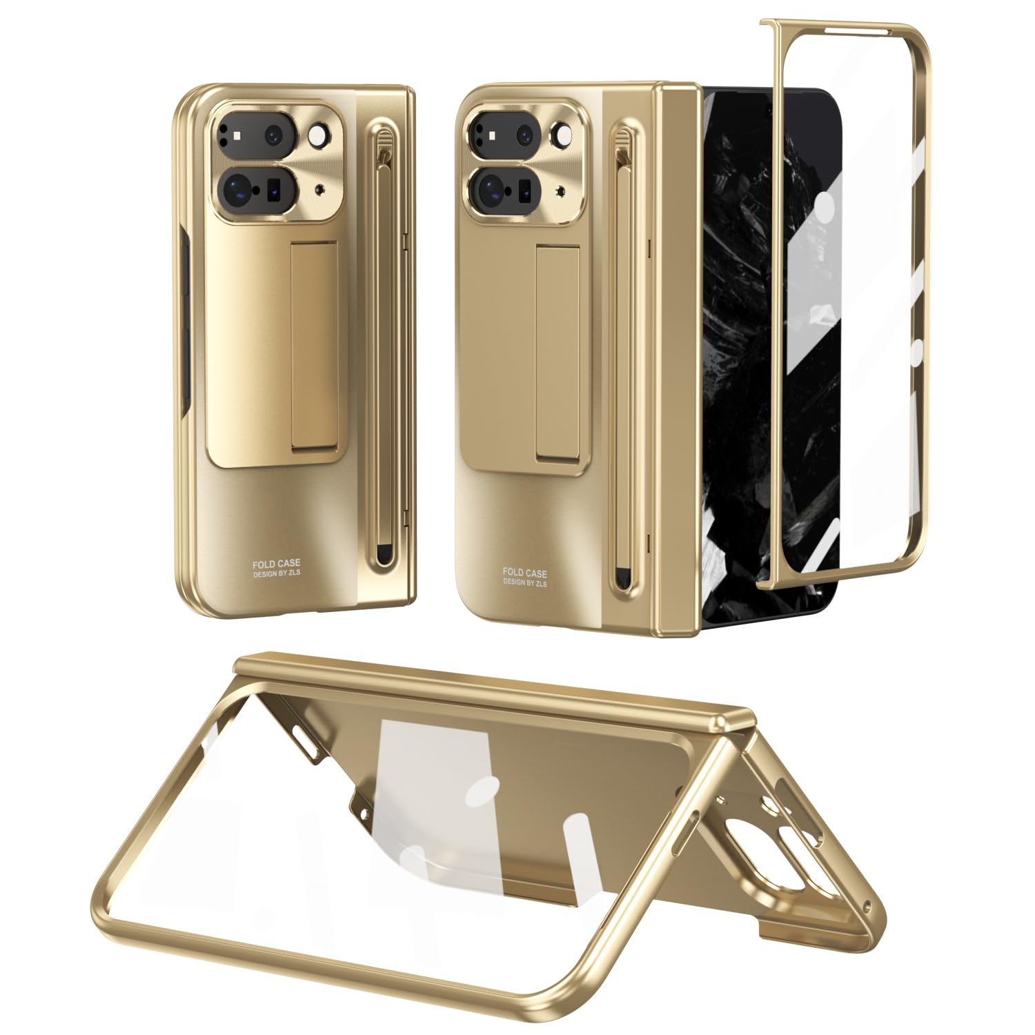 Asuwish Handyhülle für Google Pixel 9 Pro Fold 5G 2024 mit S-Stifthalter und integriertem Displayschutz, Ständer, Scharnierschutz, Rugged Cell PixelFold 2 9Pro Fold2 G5, Damen und Herren, Gold