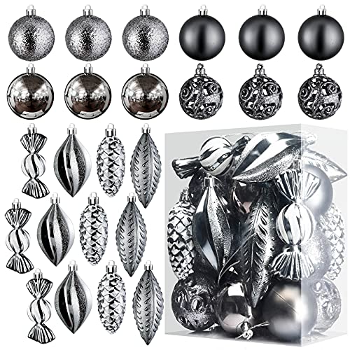 Grey Christmas Ball Ornaments for Christmas Decorations (Grey) - 24 pcs Xmas Tree Shatterproof Ornaments with Hanging Loop for Holiday, Wreath and Party Decorations
